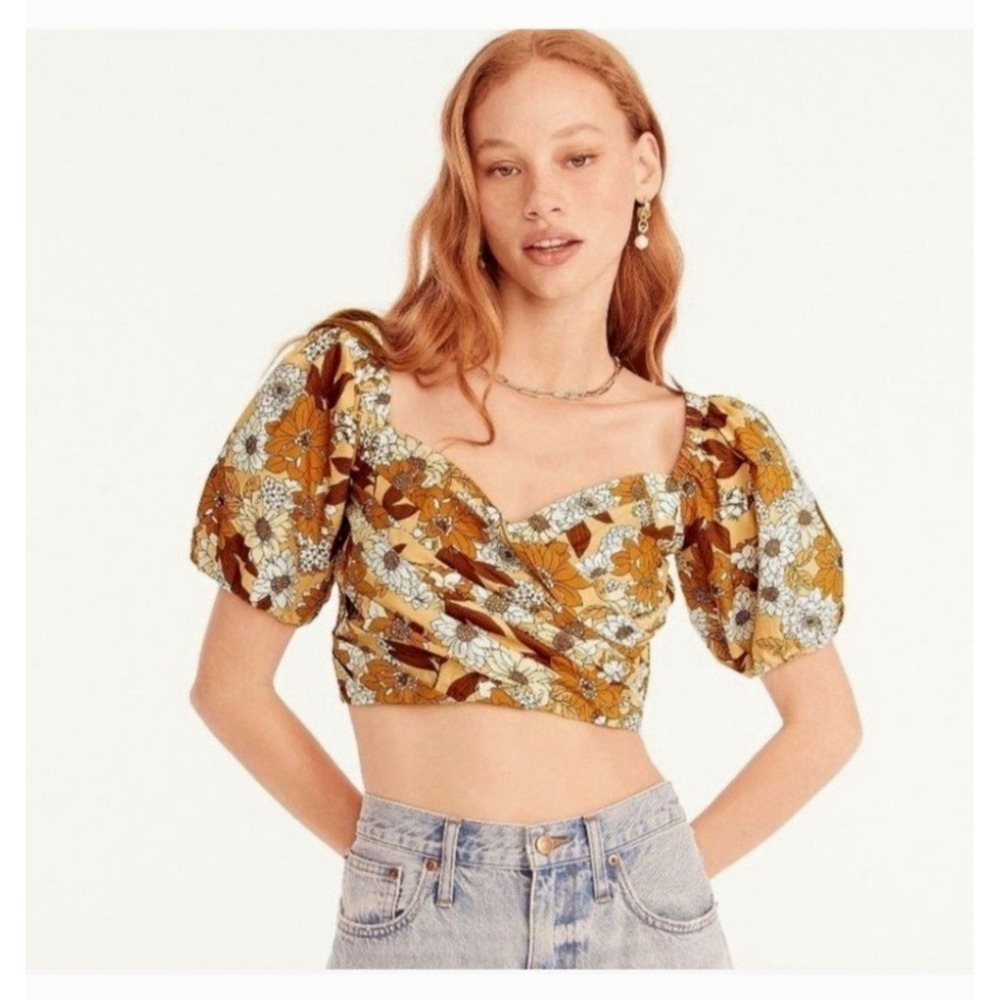 J.CREW Floral Smocked Puff Sleeve Cropped Blouse Top Size M Orange Brown